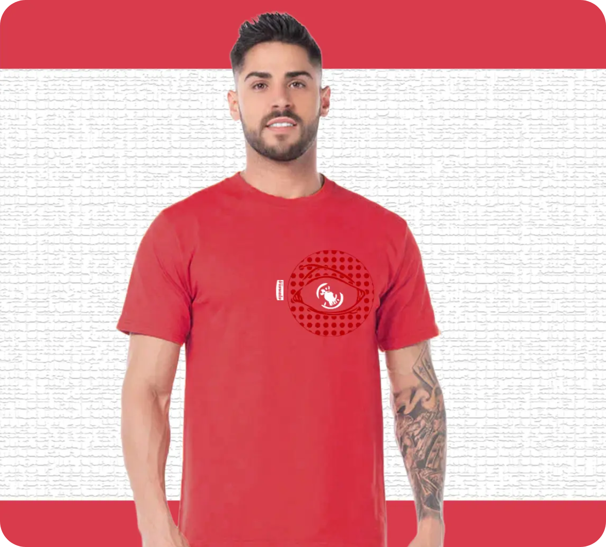 Man in (red) visuals t-shirt | Badges