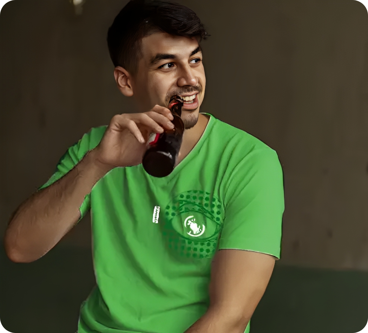 Guy relaxing in a visual t-shirt | Badges